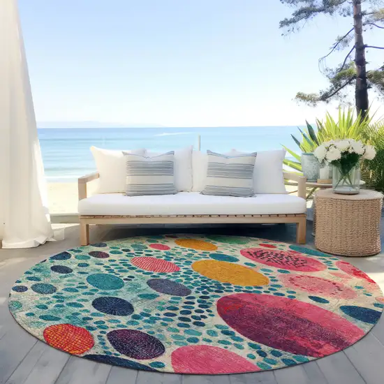 8' Teal Blue Pink And Orange Round Geometric Washable Indoor Outdoor Area Rug Photo 5