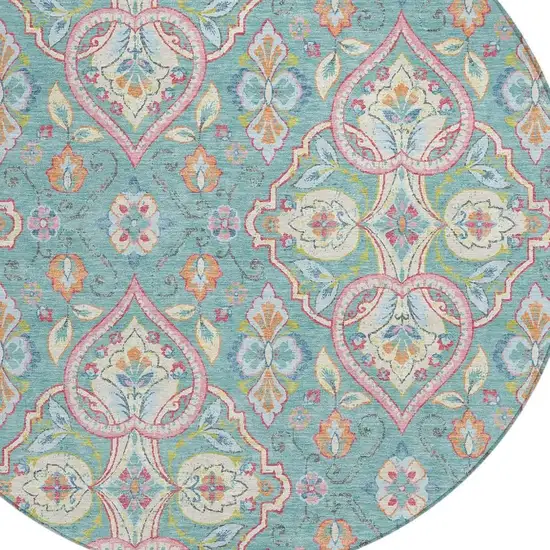 8' Teal Blue Pink And Orange Round Ogee Washable Indoor Outdoor Area Rug Photo 4