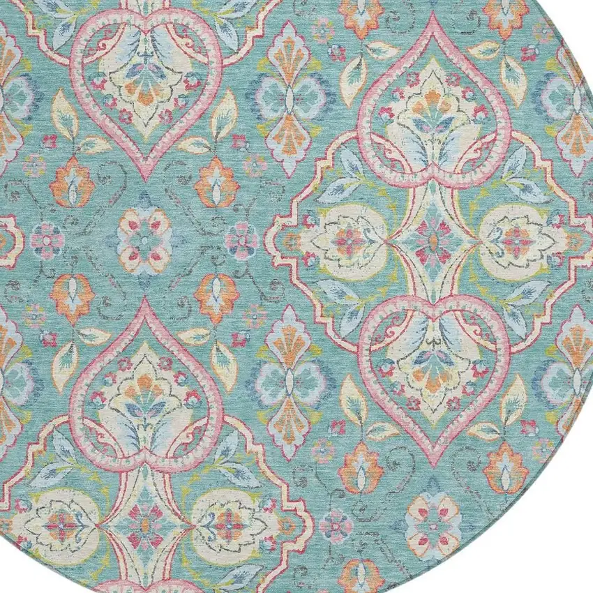 8' Teal Blue Pink And Orange Round Ogee Washable Indoor Outdoor Area Rug Photo 4