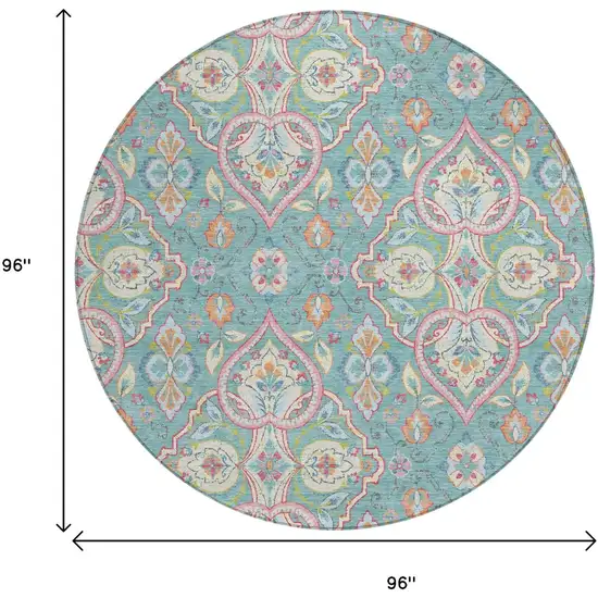 8' Teal Blue Pink And Orange Round Ogee Washable Indoor Outdoor Area Rug Photo 9