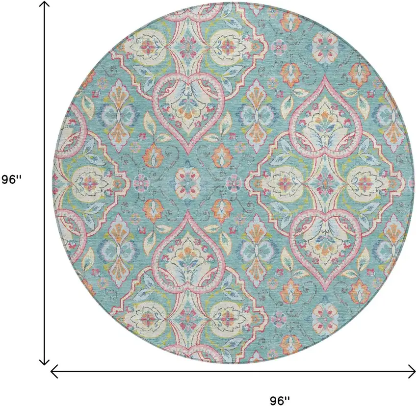 8' Teal Blue Pink And Orange Round Ogee Washable Indoor Outdoor Area Rug Photo 9