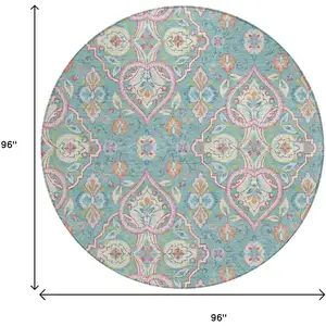 Photo of 8' Teal Blue Pink And Orange Round Ogee Washable Indoor Outdoor Area Rug