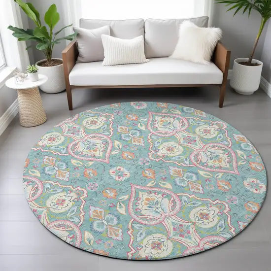 8' Teal Blue Pink And Orange Round Ogee Washable Indoor Outdoor Area Rug Photo 6