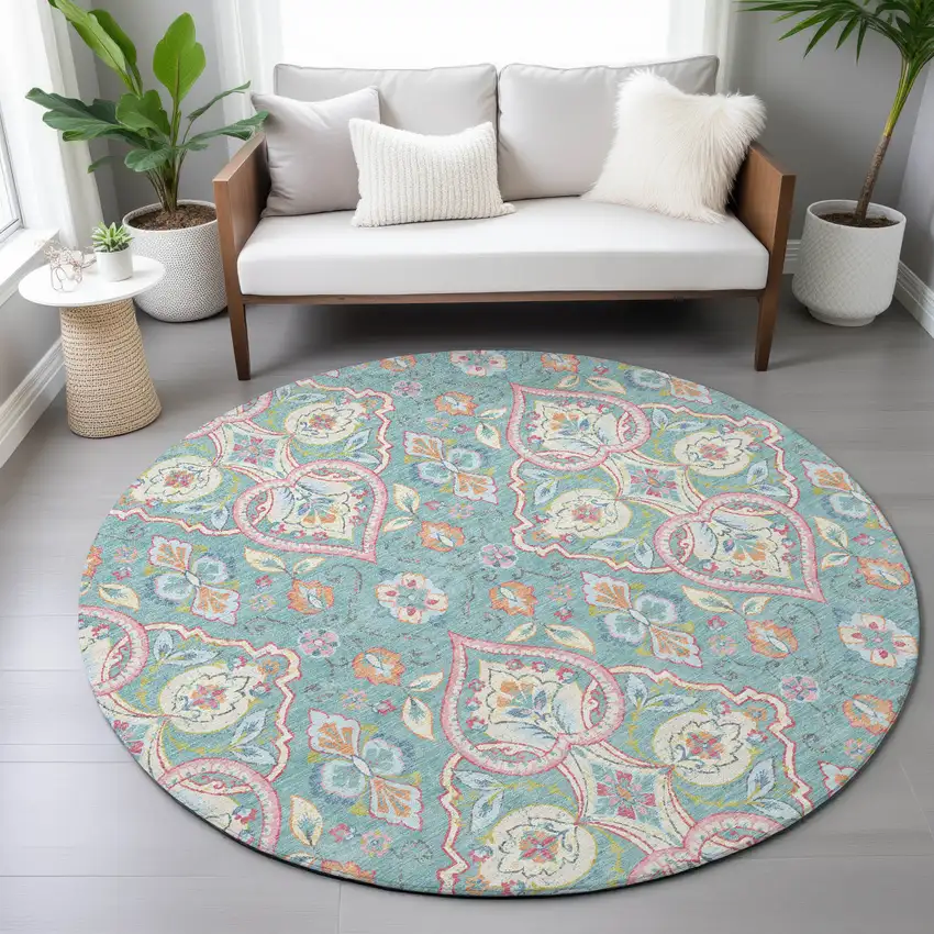 8' Teal Blue Pink And Orange Round Ogee Washable Indoor Outdoor Area Rug Photo 6