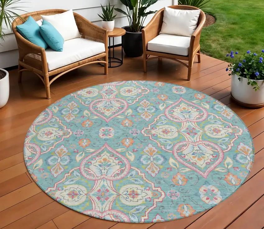 8' Teal Blue Pink And Orange Round Ogee Washable Indoor Outdoor Area Rug Photo 1