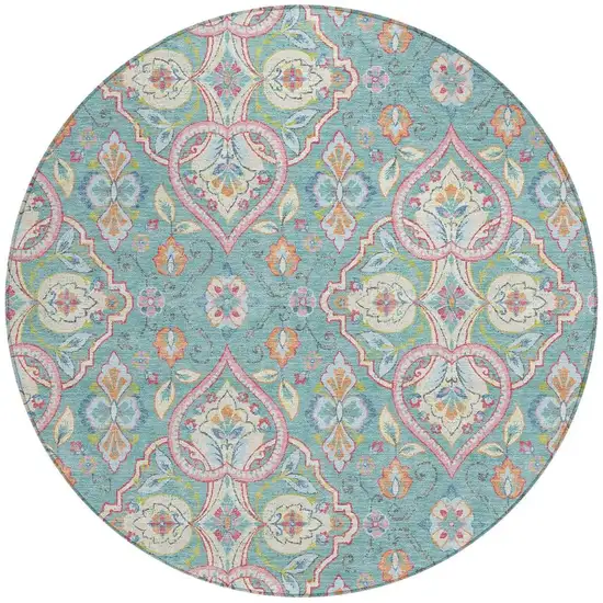 8' Teal Blue Pink And Orange Round Ogee Washable Indoor Outdoor Area Rug Photo 3