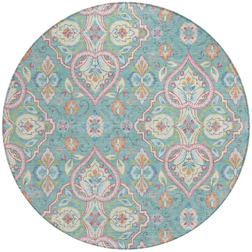8' Teal Blue Pink And Orange Round Ogee Washable Indoor Outdoor Area Rug Photo 3