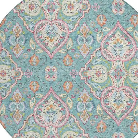 8' Teal Blue Pink And Orange Round Ogee Washable Indoor Outdoor Area Rug Photo 8