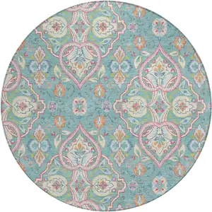 Photo of 8' Teal Blue Pink And Orange Round Ogee Washable Indoor Outdoor Area Rug