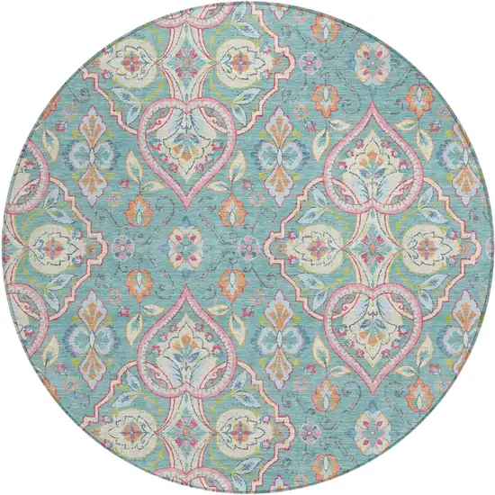 8' Teal Blue Pink And Orange Round Ogee Washable Indoor Outdoor Area Rug Photo 1