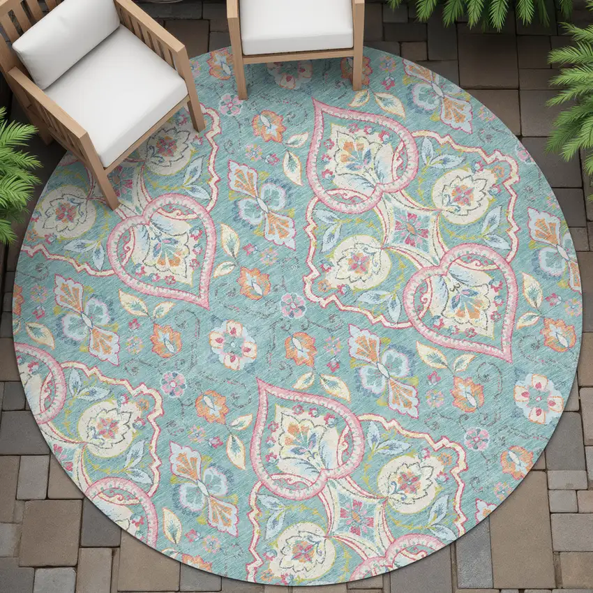 8' Teal Blue Pink And Orange Round Ogee Washable Indoor Outdoor Area Rug Photo 5