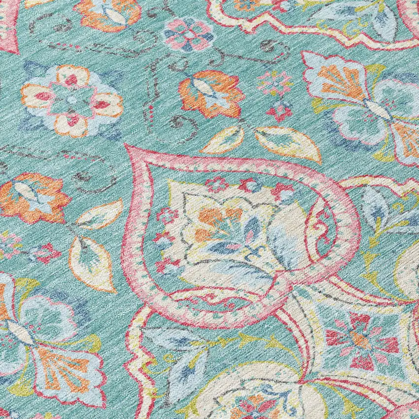 8' Teal Blue Pink And Orange Round Ogee Washable Indoor Outdoor Area Rug Photo 9