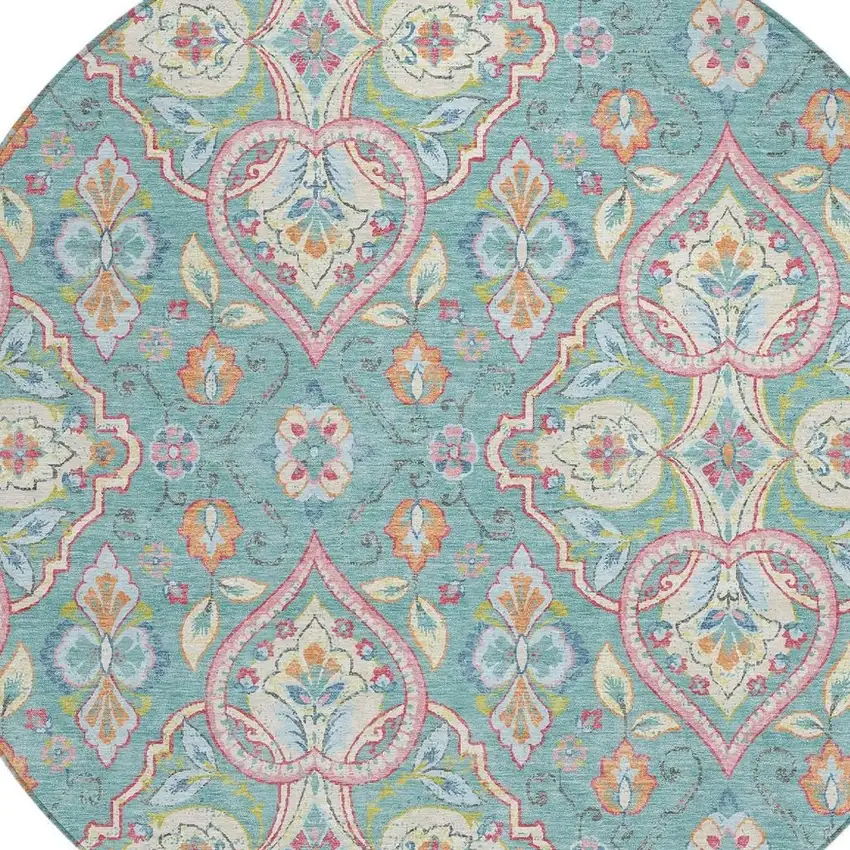 8' Teal Blue Pink And Orange Round Ogee Washable Indoor Outdoor Area Rug Photo 5
