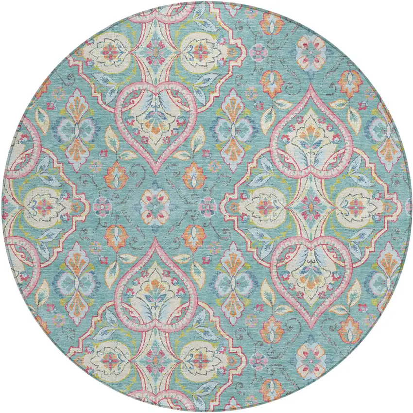 8' Teal Blue Pink And Orange Round Ogee Washable Indoor Outdoor Area Rug Photo 2