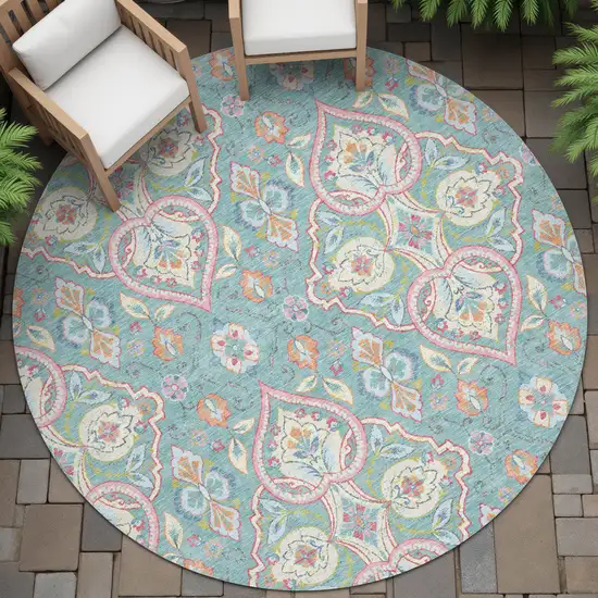 8' Teal Blue Pink And Orange Round Ogee Washable Indoor Outdoor Area Rug Photo 7