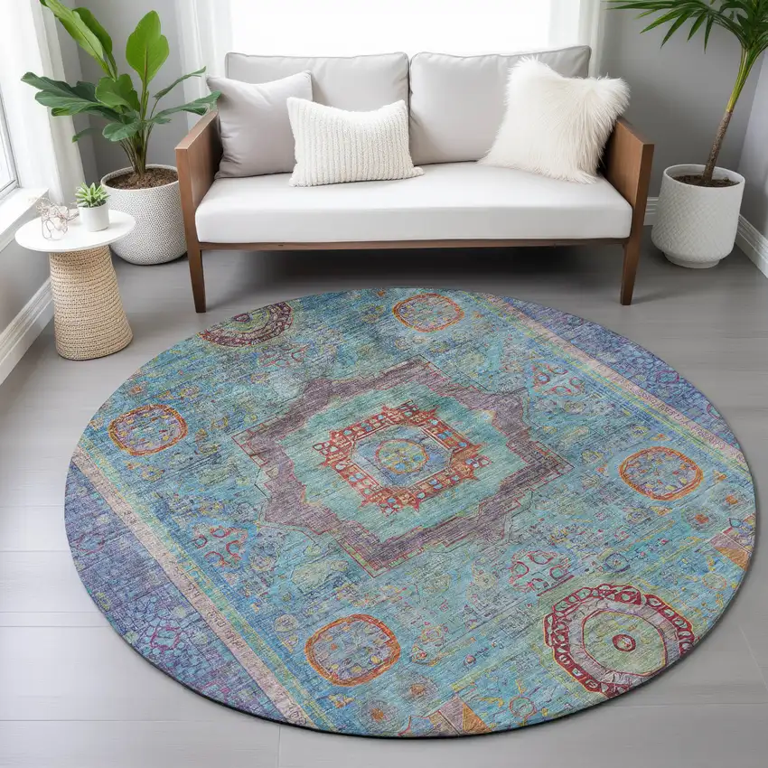 8' Teal Blue Plum And Copper Round Oriental Washable Indoor Outdoor Area Rug Photo 8