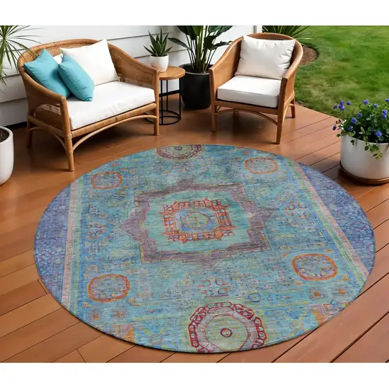 8' Teal Blue Plum And Copper Round Oriental Washable Indoor Outdoor Area Rug Photo 2