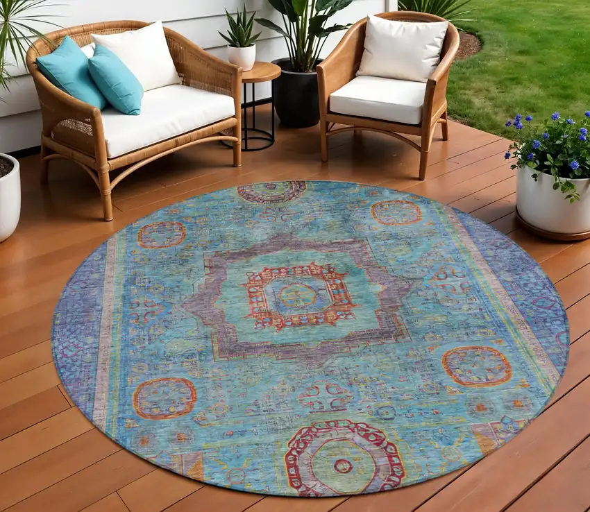 8' Teal Blue Plum And Copper Round Oriental Washable Indoor Outdoor Area Rug Photo 2