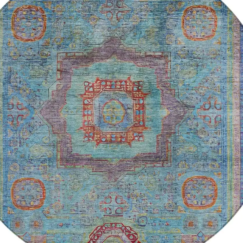 8' Teal Blue Plum And Copper Round Oriental Washable Indoor Outdoor Area Rug Photo 5