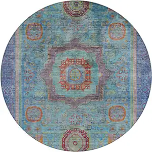 Photo of 8' Teal Blue Plum And Copper Round Oriental Washable Indoor Outdoor Area Rug