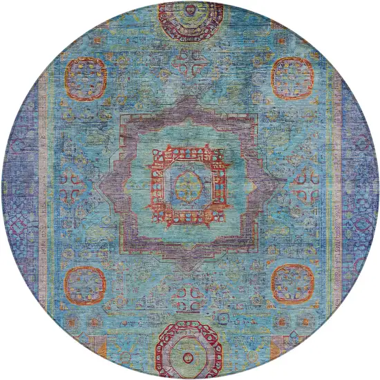 8' Teal Blue Plum And Copper Round Oriental Washable Indoor Outdoor Area Rug Photo 1