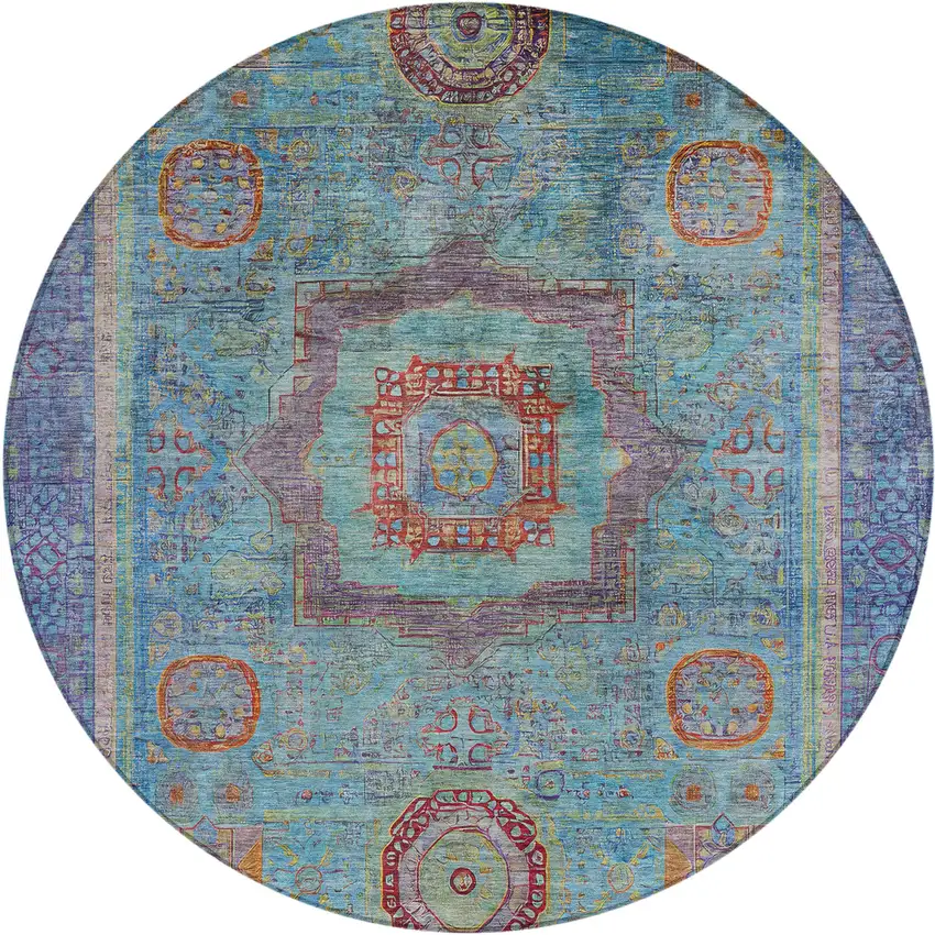 8' Teal Blue Plum And Copper Round Oriental Washable Indoor Outdoor Area Rug Photo 1