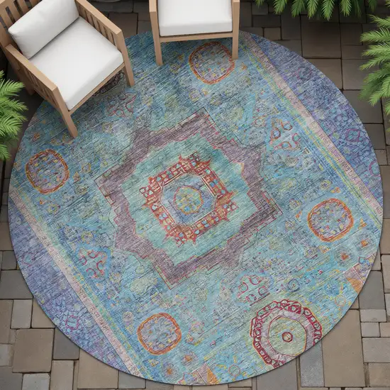 8' Teal Blue Plum And Copper Round Oriental Washable Indoor Outdoor Area Rug Photo 7