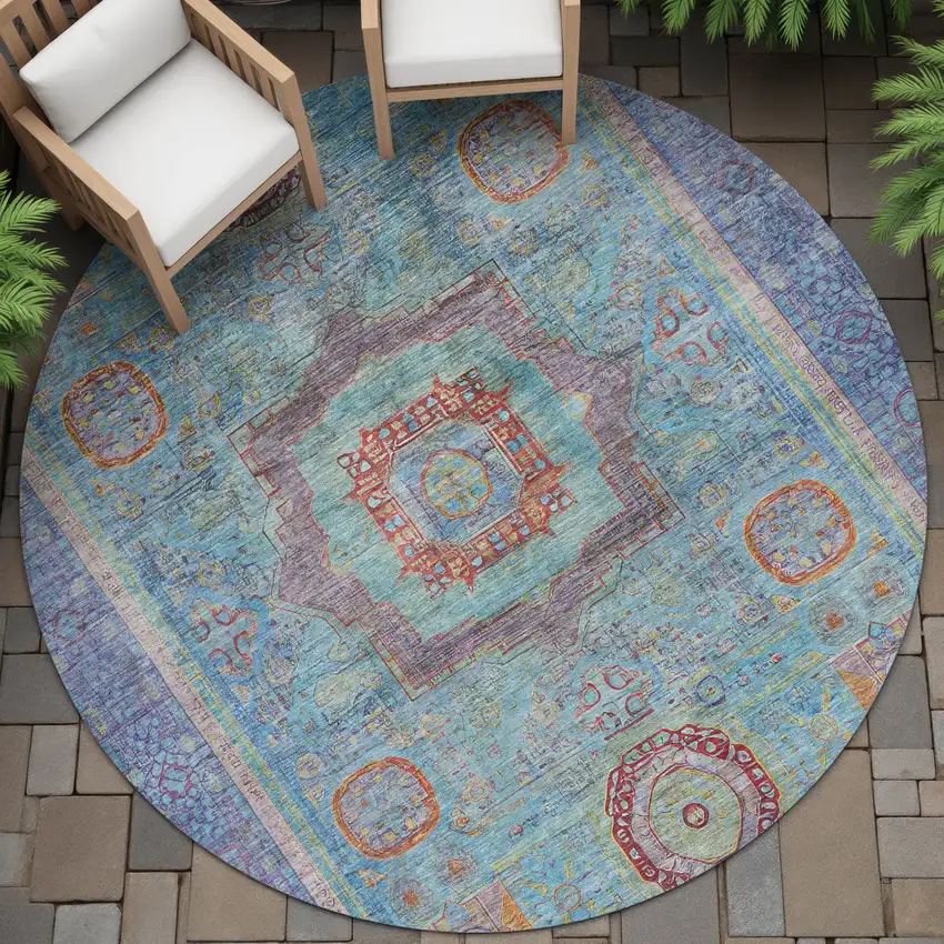 8' Teal Blue Plum And Copper Round Oriental Washable Indoor Outdoor Area Rug Photo 7