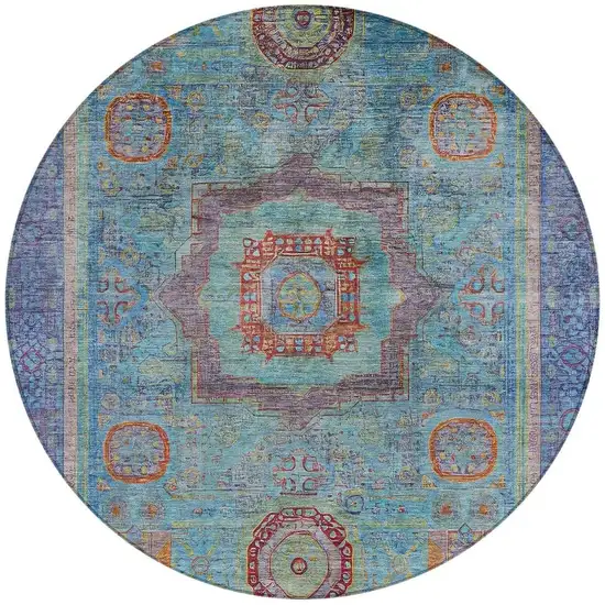 8' Teal Blue Plum And Copper Round Oriental Washable Indoor Outdoor Area Rug Photo 3