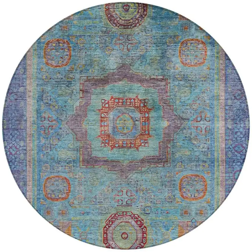 8' Teal Blue Plum And Copper Round Oriental Washable Indoor Outdoor Area Rug Photo 3