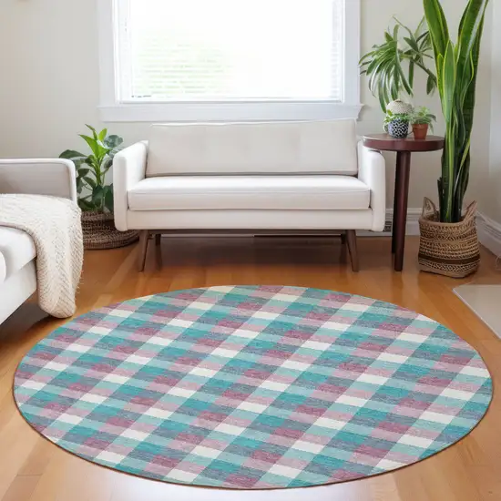8' Teal Blue Purple And Beige Round Plaid Washable Indoor Outdoor Area Rug Photo 8