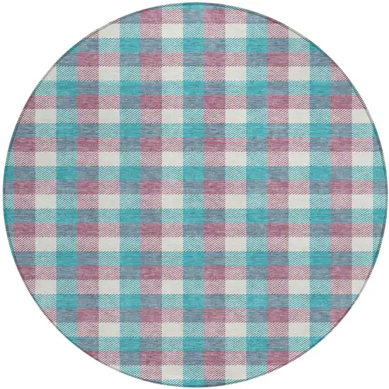 8' Teal Blue Purple And Beige Round Plaid Washable Indoor Outdoor Area Rug Photo 2