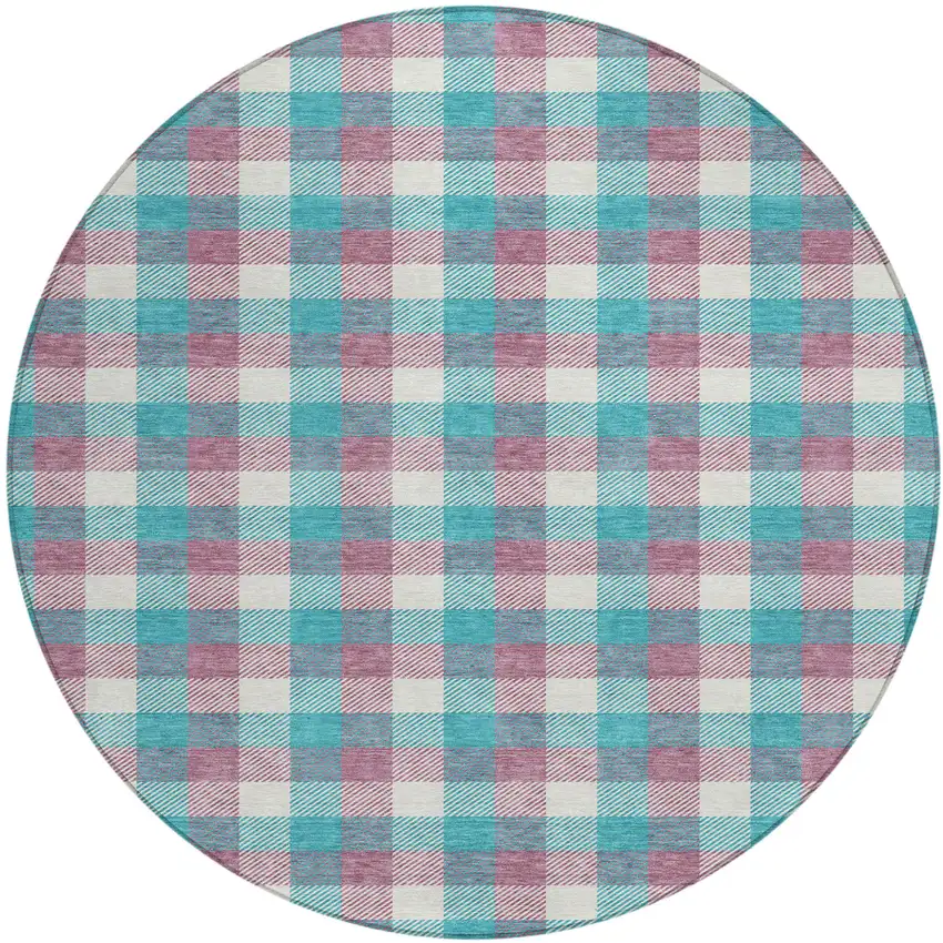 8' Teal Blue Purple And Beige Round Plaid Washable Indoor Outdoor Area Rug Photo 2