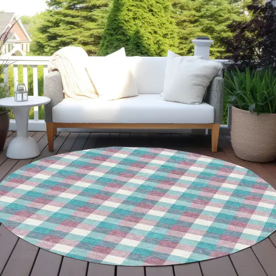8' Teal Blue Purple And Beige Round Plaid Washable Indoor Outdoor Area Rug Photo 7