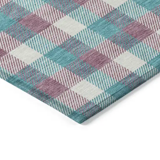 8' Teal Blue Purple And Beige Round Plaid Washable Indoor Outdoor Area Rug Photo 3