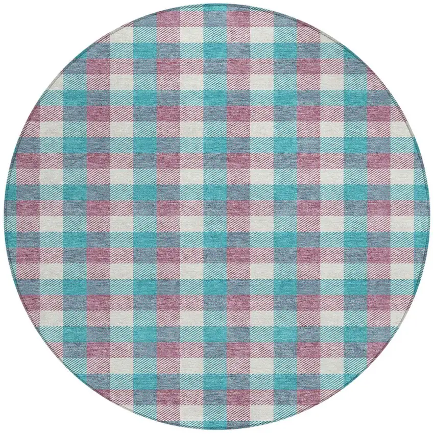 8' Teal Blue Purple And Beige Round Plaid Washable Indoor Outdoor Area Rug Photo 5