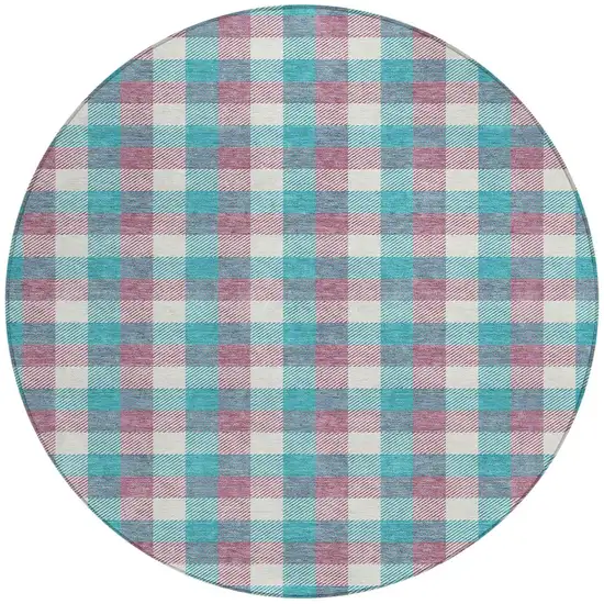 8' Teal Blue Purple And Beige Round Plaid Washable Indoor Outdoor Area Rug Photo 5