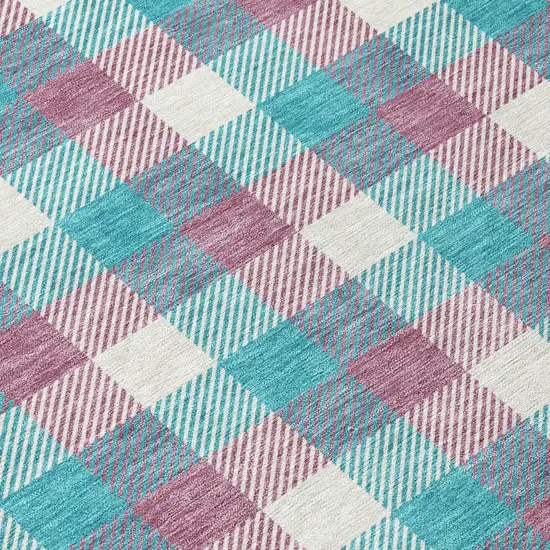 8' Teal Blue Purple And Beige Round Plaid Washable Indoor Outdoor Area Rug Photo 4