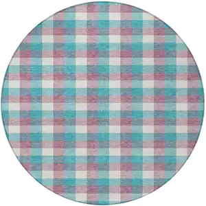 Photo of 8' Teal Blue Purple And Beige Round Plaid Washable Indoor Outdoor Area Rug