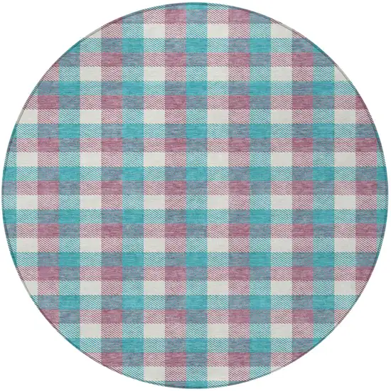 8' Teal Blue Purple And Beige Round Plaid Washable Indoor Outdoor Area Rug Photo 6