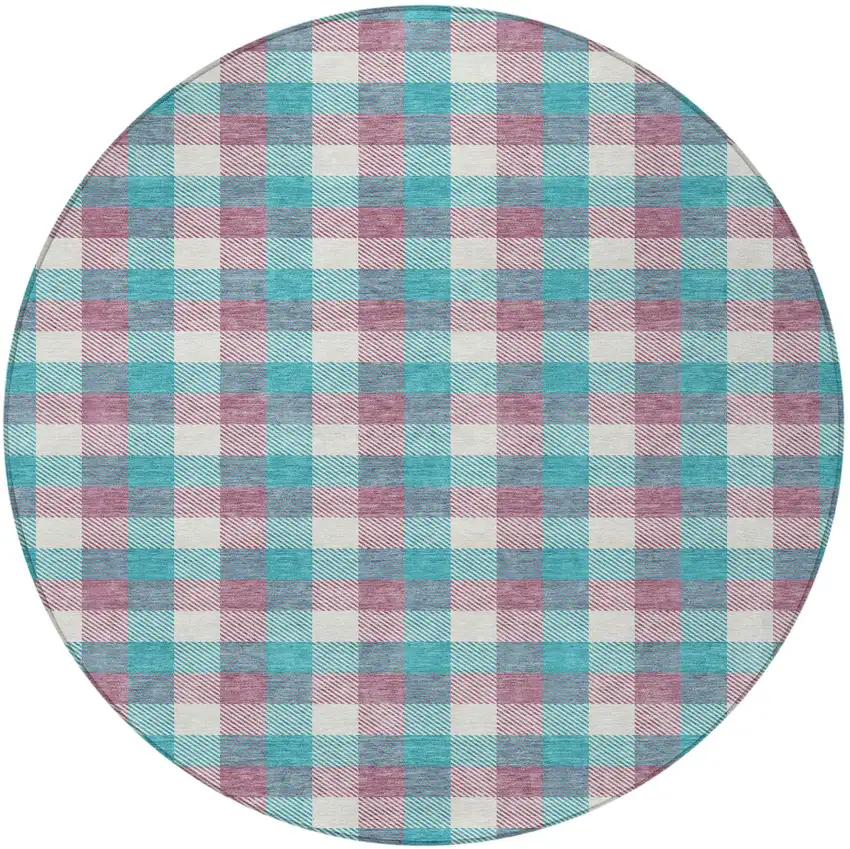 8' Teal Blue Purple And Beige Round Plaid Washable Indoor Outdoor Area Rug Photo 6