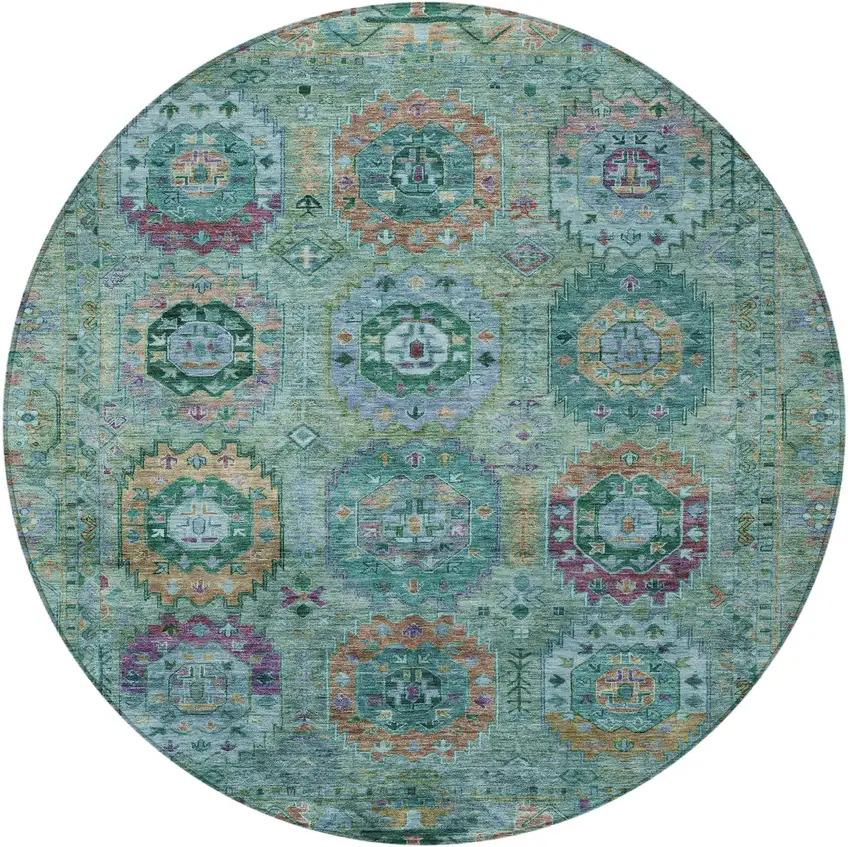 8' Teal Blue Purple And Gold Round Medallion Washable Indoor Outdoor Area Rug Photo 5