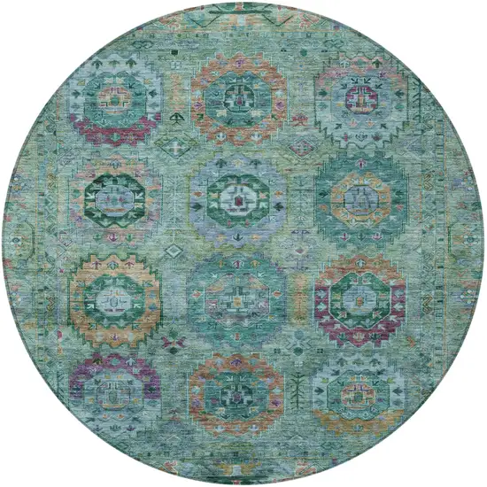 8' Teal Blue Purple And Gold Round Medallion Washable Indoor Outdoor Area Rug Photo 5