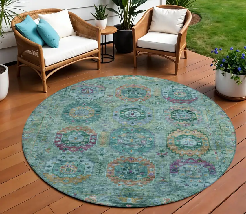 8' Teal Blue Purple And Gold Round Medallion Washable Indoor Outdoor Area Rug Photo 1