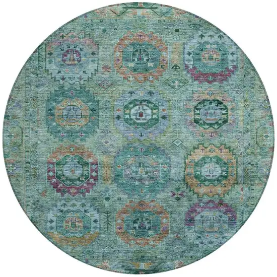 8' Teal Blue Purple And Gold Round Medallion Washable Indoor Outdoor Area Rug Photo 4