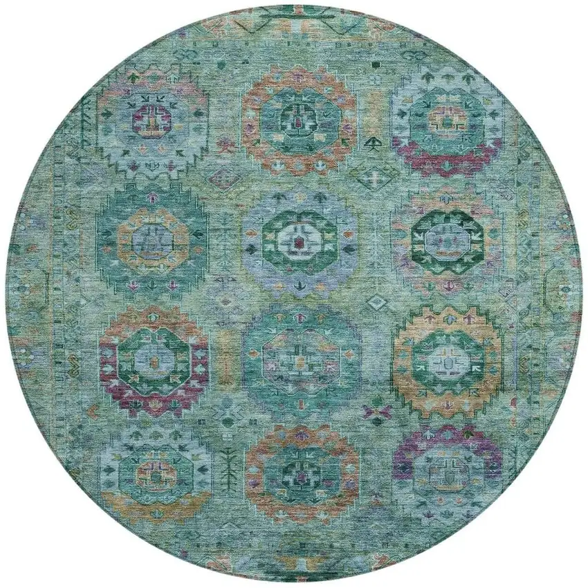 8' Teal Blue Purple And Gold Round Medallion Washable Indoor Outdoor Area Rug Photo 4
