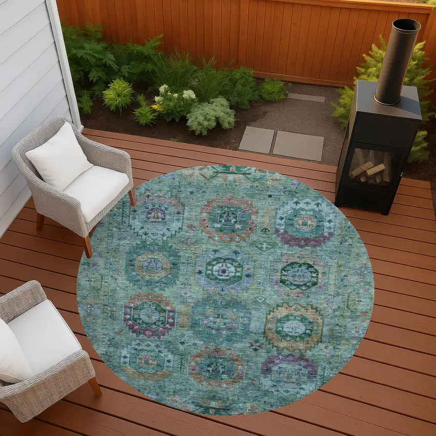 8' Teal Blue Purple And Gold Round Medallion Washable Indoor Outdoor Area Rug Photo 8