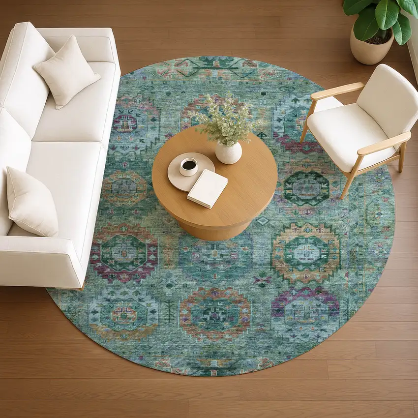 8' Teal Blue Purple And Gold Round Medallion Washable Indoor Outdoor Area Rug Photo 9