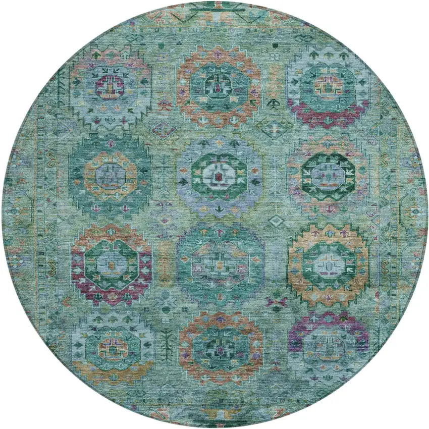 8' Teal Blue Purple And Gold Round Medallion Washable Indoor Outdoor Area Rug Photo 2