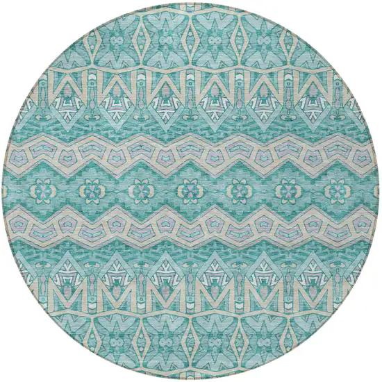 8' Teal Blue Purple And Gray Round Moroccan Washable Indoor Outdoor Area Rug Photo 5